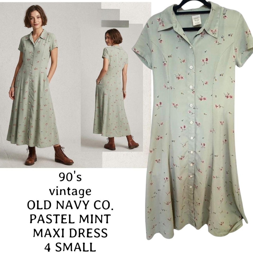 90's vintage OLD NAVY PASTEL MINT GREEN FLORAL MAXI DRESS 4 SMALL